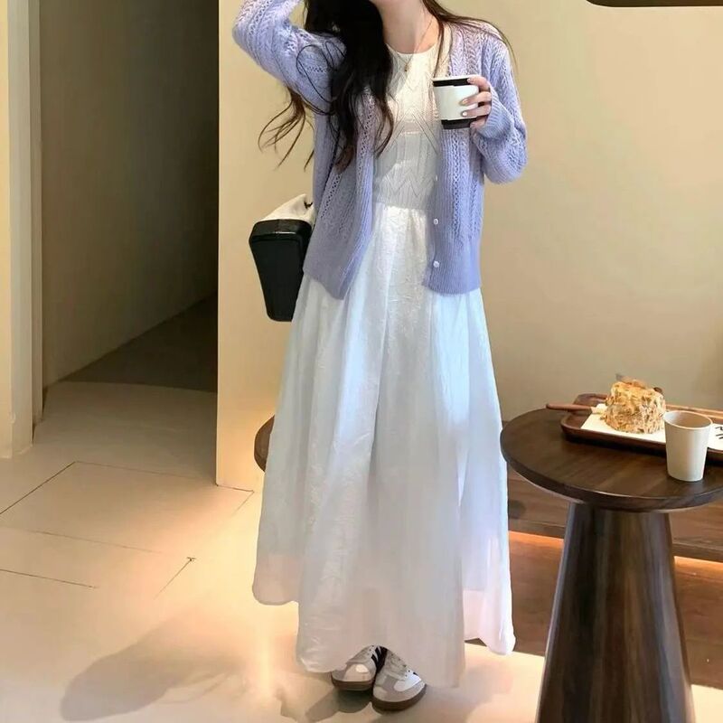春秋2025新款茶系背心无袖韩版连衣裙气质显瘦紫色针织开衫两件套|undefined