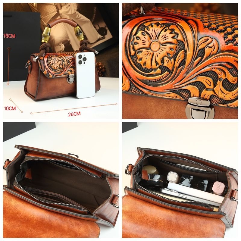 Túi đeo chéo nữ da thật họa tiết hoa nổi phong cách vintage — màu nâu, Màu xanh đậm, màu đỏ, màu xám