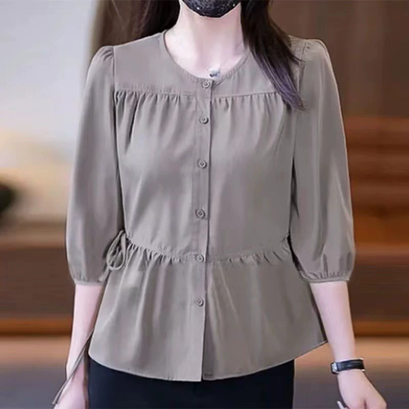 2025 новая однотонная блузка для похудения, элегантная весенняя блузка с завышенной талией, средний рукав, белый, черный, розовый, фиолетовый