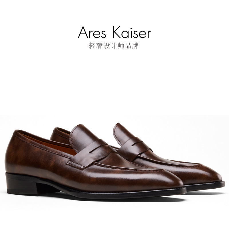 H52306 [Dropshipping] Museum Calfskin Penny Loafers Men's Leather Shoes Genuine Leather Sole