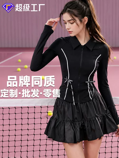 New sports tennis dress for women, long-sleeved, zippered, with drawstring waist, ruffled hem, quick-drying, in stock for immediate delivery