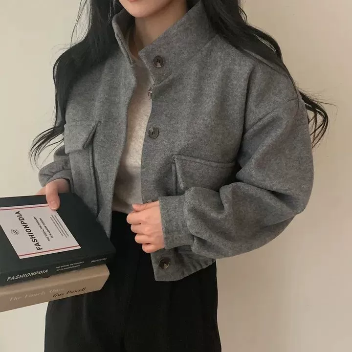 Короткая длинно-рукавная шерстяная куртка, oversize деми-сезонное пальто, женская, 2–2XL