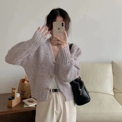 韩版混色彩点V领针织开衫毛衣女高级感宽松秋冬季小个子外搭上衣