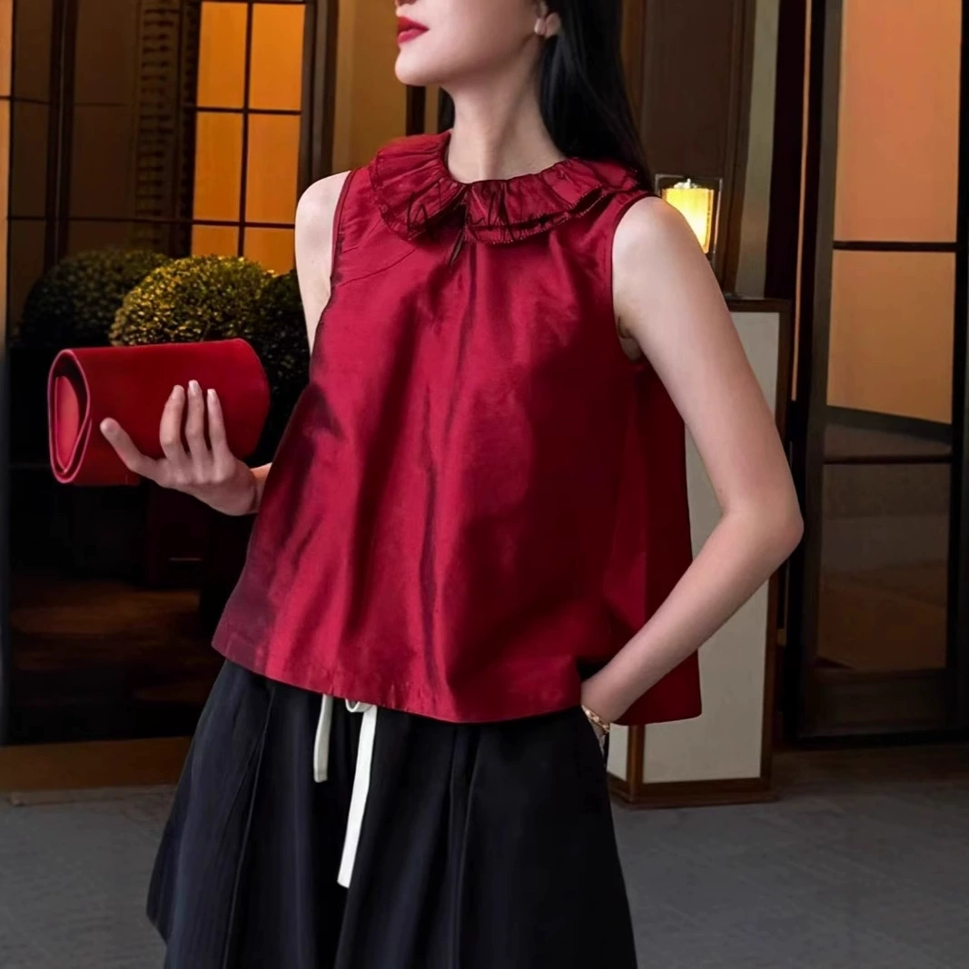 Новый китайский стиль Nanyou, оптовая продажа, высококачественный двойной шелковый кукольный воротник из шелковицы, бордовый сладкий топ