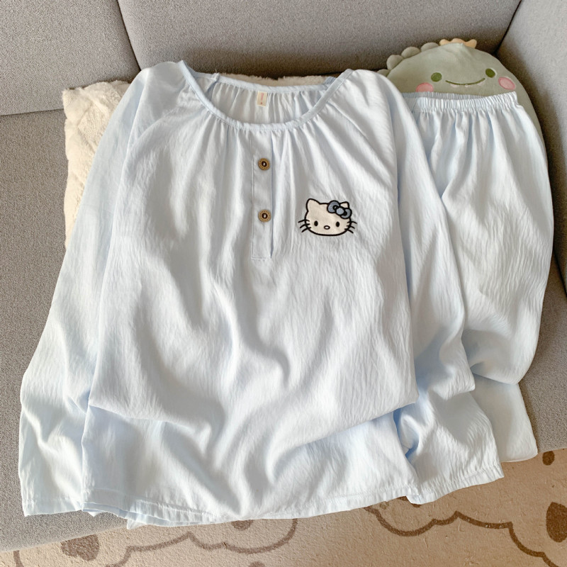 卡通KT猫长袖长裤春秋季睡衣女款云朵棉圆领可爱学生家居服套装|undefined