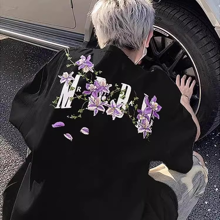 Vine Flower Embroider T-Shirt Men's Summer Trendy Brand Vintage Short-Sleeved American High Street Retro Heavy Half-Sleeved Wholesale