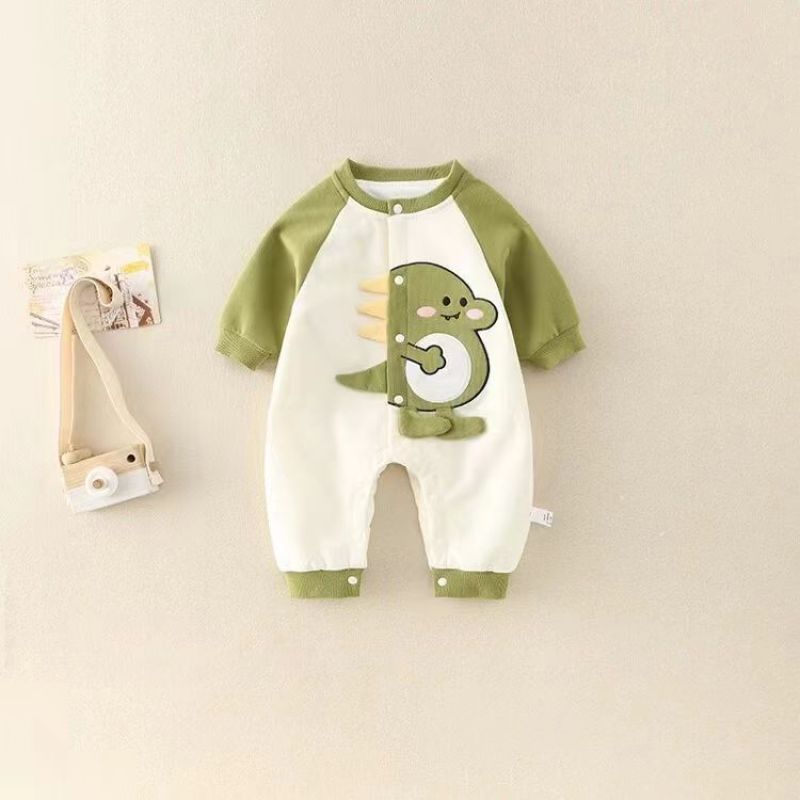 Ropa para bebés, abrigos de primavera y otoño, hombres y mujeres, bebés de dibujos animados, dinosaurios, tela de algodón de doble capa, una pieza, ropa de salida para recién nacidos