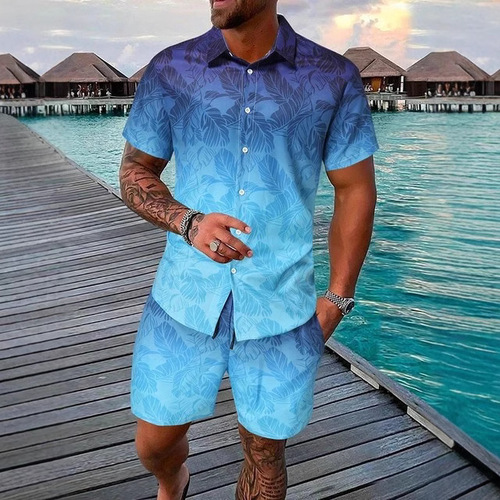 2025 Summer Hawaii Landscape Creative Short Sleeve Shirt Set 3D Digital Printing Shirt for Men