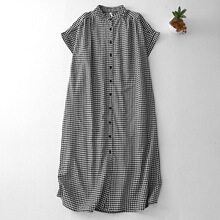 日系黑白格子衬衫裙连衣裙女夏季宽松松弛文艺裙子