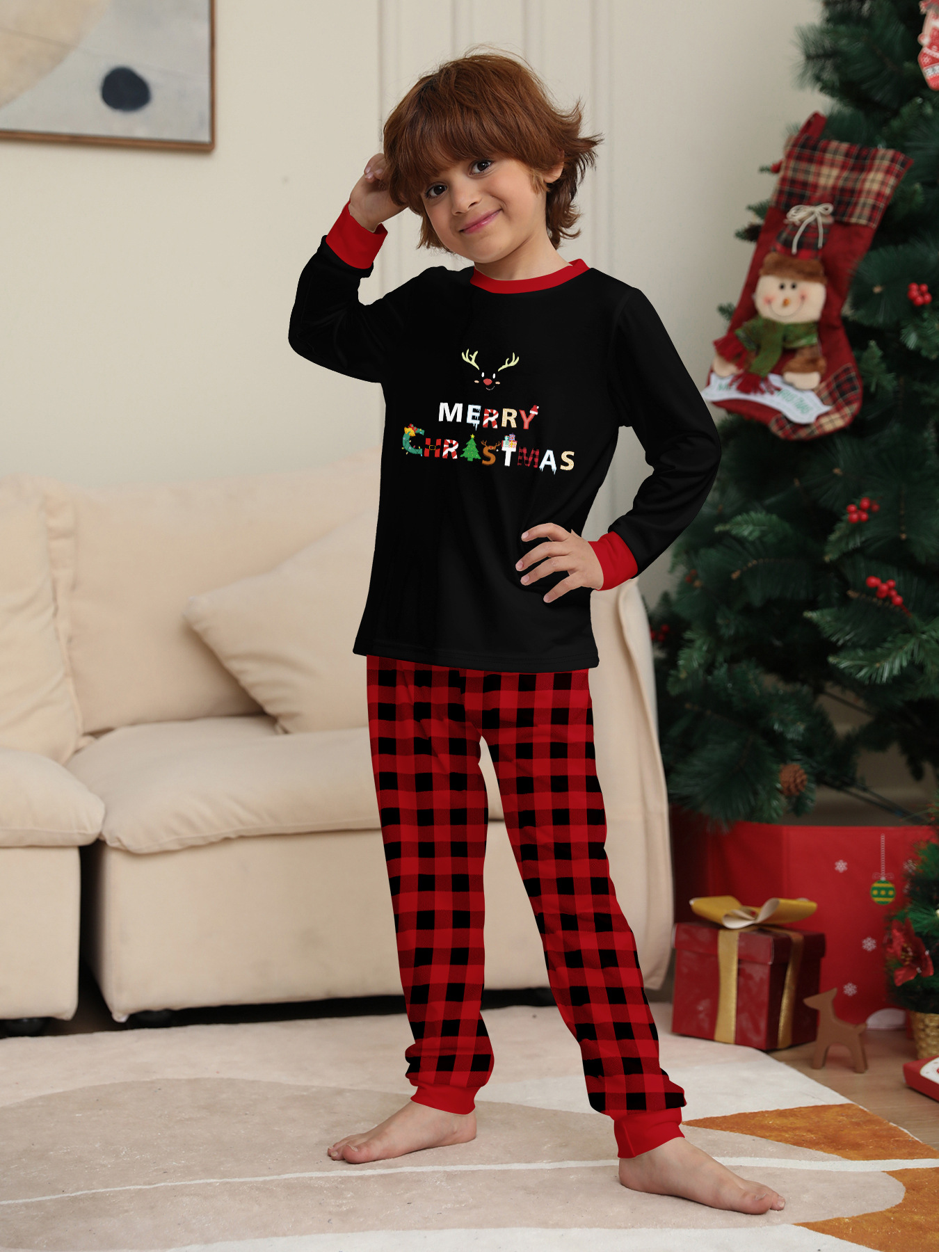 Christmas Christmas deer letter plaid Christmas family print home dress pajamas_voghion.com