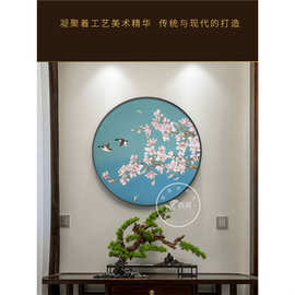 餐厅挂画金丝珐琅沙画现代新中式圆形花鸟图玄关走廊过道装饰画
