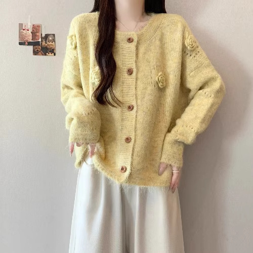 宽松慵懒风立体花朵针织开衫女秋季大码胖MM显瘦百搭休闲长袖上衣|undefined