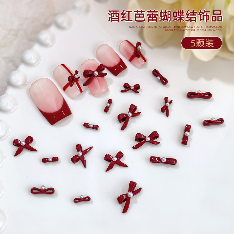 Wine Red Bow Nail Art Accessories Dark Red Ballet Shoe Bow with Pearls Nail Alloy Diamond Accessories Wine Red Bow Nail Art Accessories Dark Red Ballet Shoe Bow with Pearls Nail Alloy Diamond Accessories