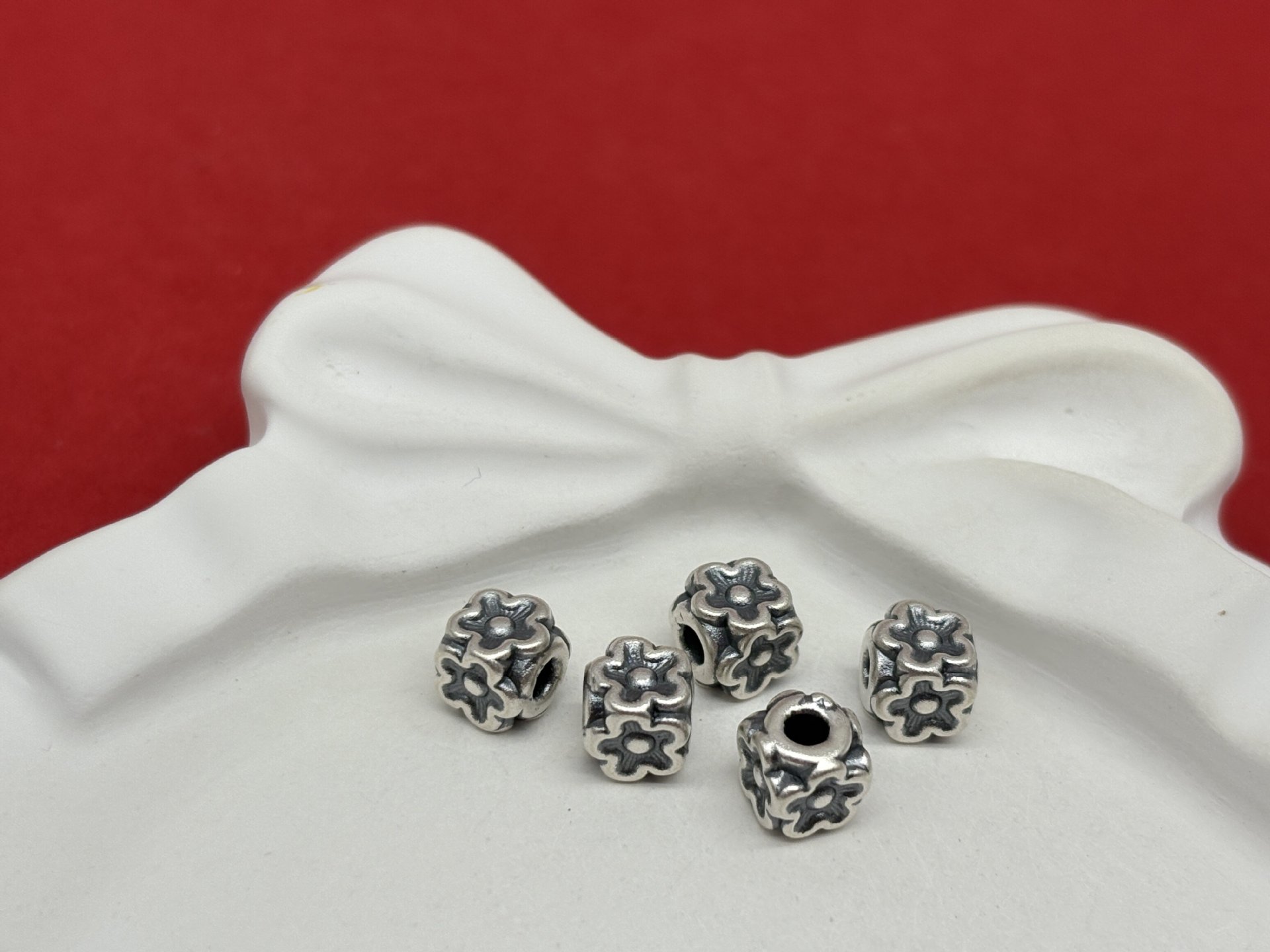 999 pure silver 3D antique-style distressed square flower barrel bead separator bead bracelet DIY silver jewelry accessories