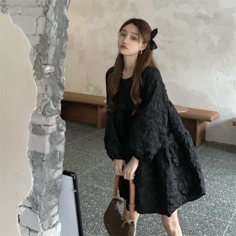 plus size 300 Jin Spring and Autumn Retro Long Sleeve dress Female Students Korean Loose Slim A- line Skirt