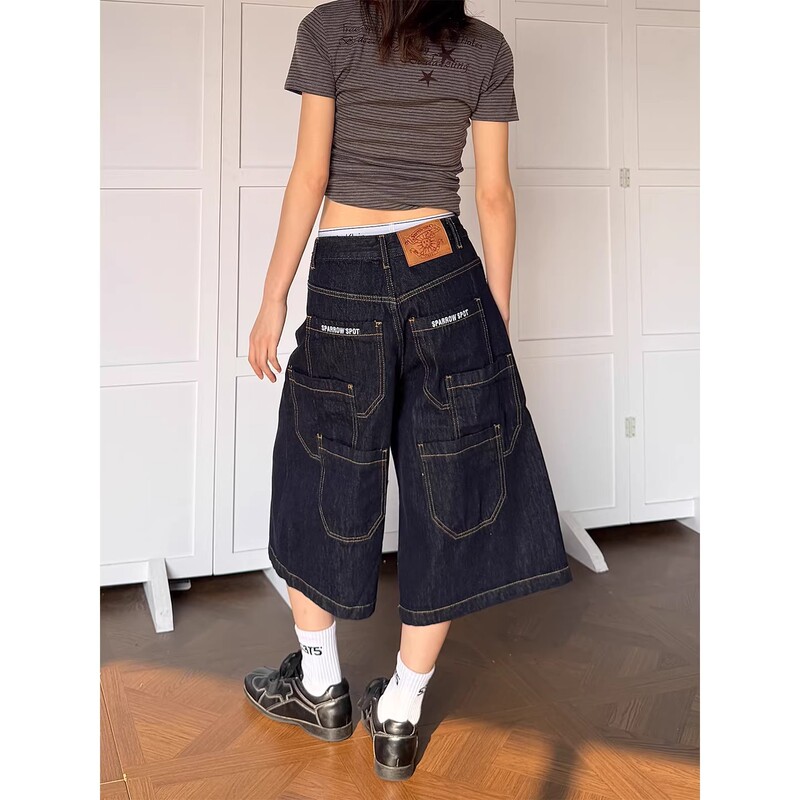 Original Color Denim Straight-Leg Denim Capri Pants for Men and Women, New Summer Style, American-Style Multi-Pocket Design, Loose Wide-Leg Mid-Length Pants