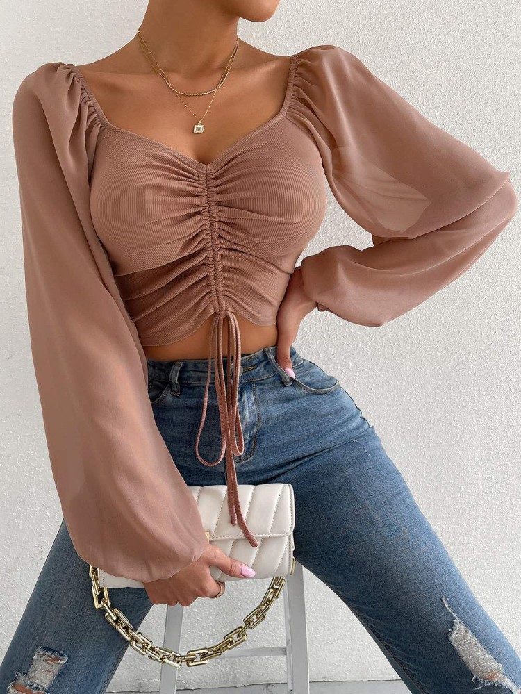 New Style Pit Stripe Chiffon Drawstring Lantern Sleeve Tight Fashion Women's Tops Shirt_senzul.com