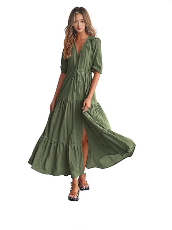 Women Summer Dress Short Sleeve V Neck Button Drawstring Maxi Dress Solid Color Bohemian Long Dress Women Summer Dress Short Sleeve V Neck Button Drawstring Maxi Dress Solid Color Bohemian Long Dress