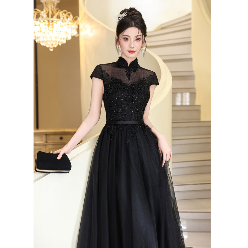 Black Evening Dress for Women, Niche Light Luxury High-End Host, Sophisticated Banquet Style, Important Occasion Annual Meeting Long Dress