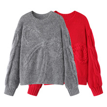 2024冬季新款女装慵懒风宽松蝴蝶结提花圆领毛衣针织衫上衣SWT031