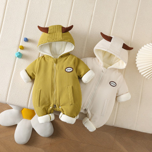 Winter Baby fleece-lined Thickened Jouterie Newborn Hooded Warm Outgoing Clothes Small Monster Thick Cotton Hatshirt