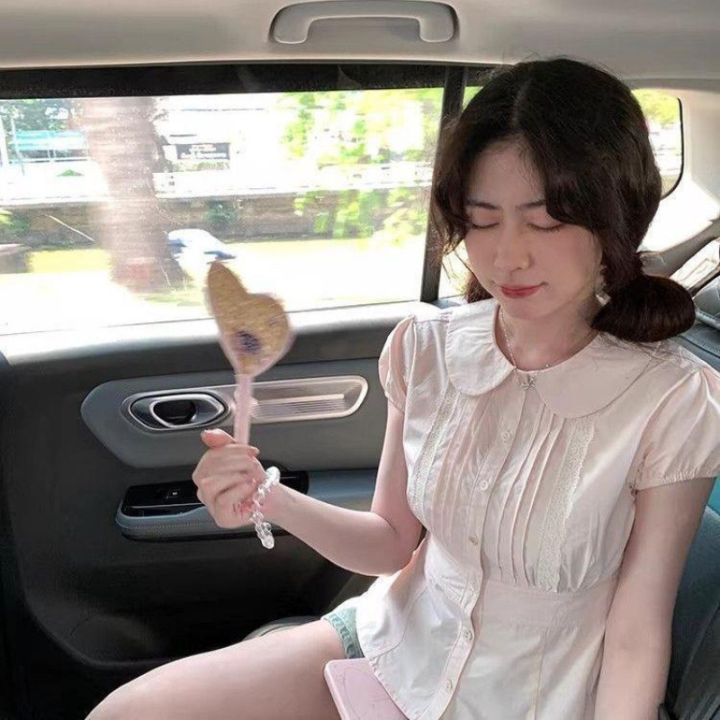 Korean-Style Gentle Pink Doll-Collar Short-Sleeved Shirt with Summer Design and Age-Reducing Lace Trim for Students