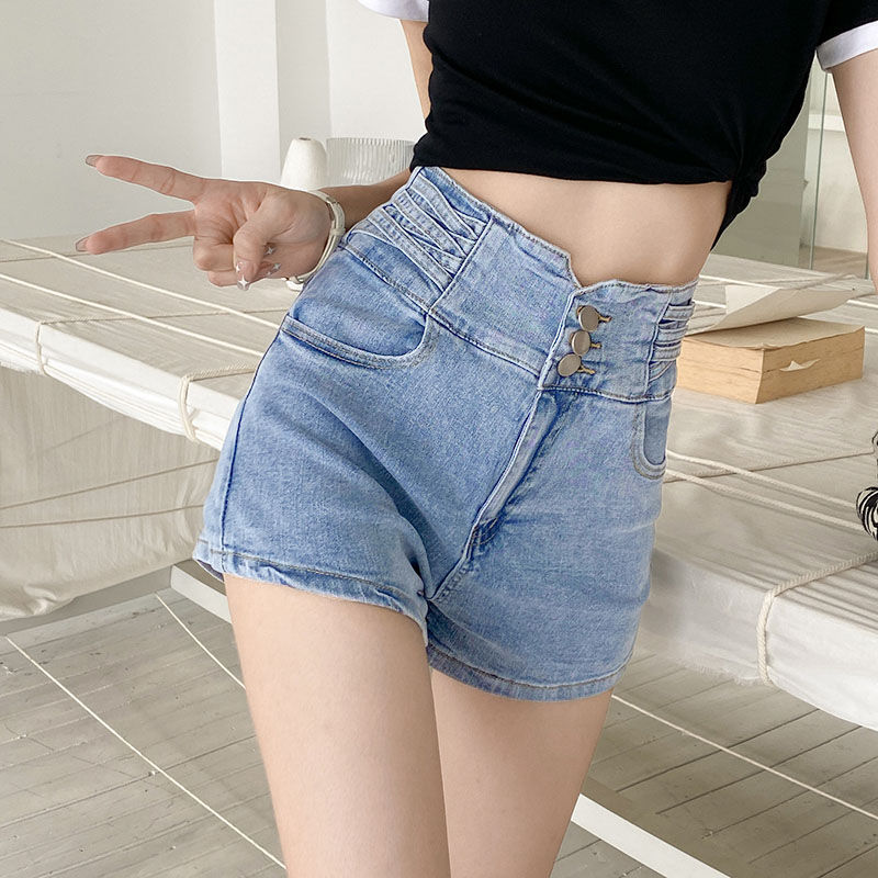 新款a字女2025复古超高腰牛仔短裤春季辣妹显瘦三排扣设计热裤潮