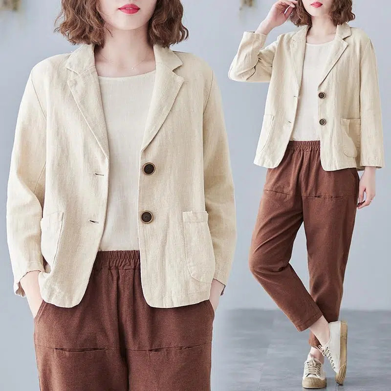 Cotton and Linen Suit Short Jacket for Women 2025 Spring & Fall Thin Style Literary Large Size Loose Casual Long-Sleeved Small Suit Top