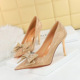 1829-H5 European and American Style Banquet Sexy Women's Shoes Super High Heel Sequin Fabric Shallow Mouth Pointed Rhinestone Bowknot Single Shoe