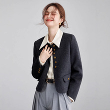 2024秋冬新款赫本风羊毛双面呢大衣女短款感灰色羊毛呢外套