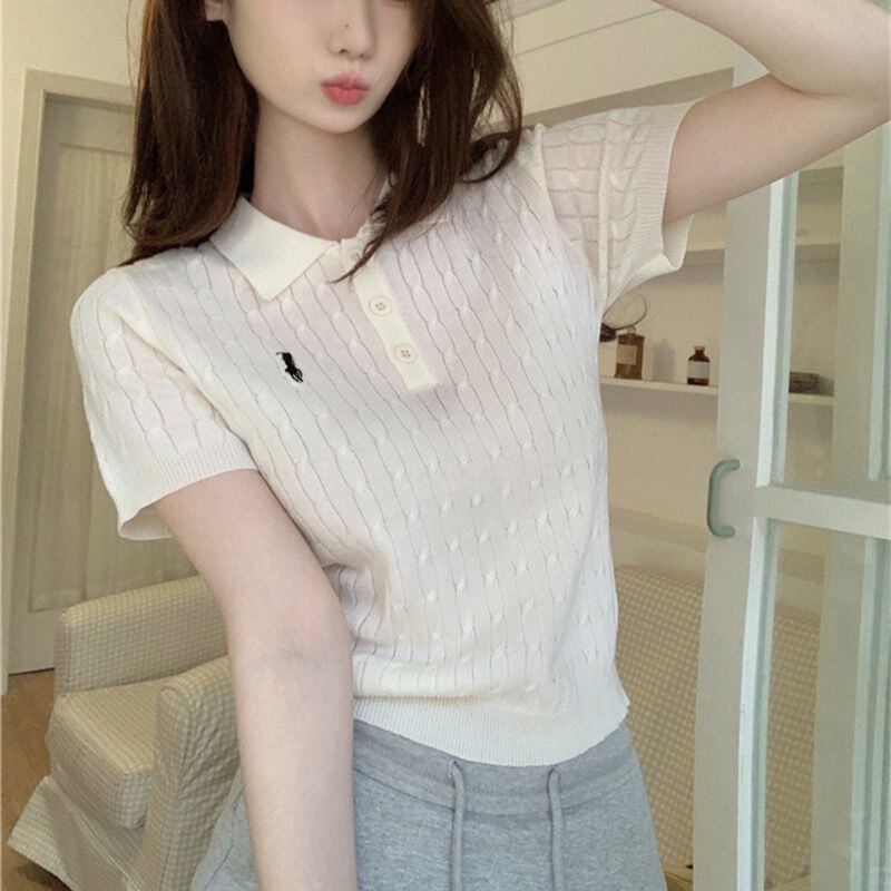 Korean-Style Pony Embroidery Polo Collar Cable Knit Short-Sleeve T-Shirt for Women, Summer Slim-Fit Versatile Short Top