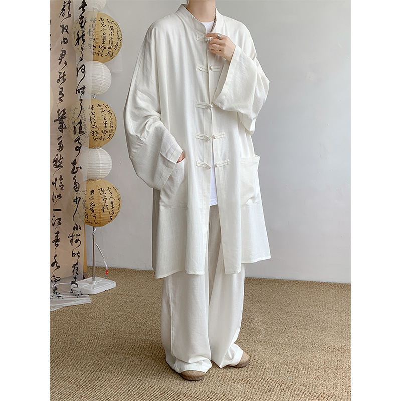 Summer Long Sun-Protective Jacket, Hanfu Men's Long Robe, Layman's Clothing, Taoist Robe, Long Gown, Cotton and Linen Zen-Style Plain Clothing Set Summer Long Sun-Protective Jacket, Hanfu Men's Long Robe, Layman's Clothing, Taoist Robe, Long Gown, Cotton and Linen Zen-Style Plain Clothing Set