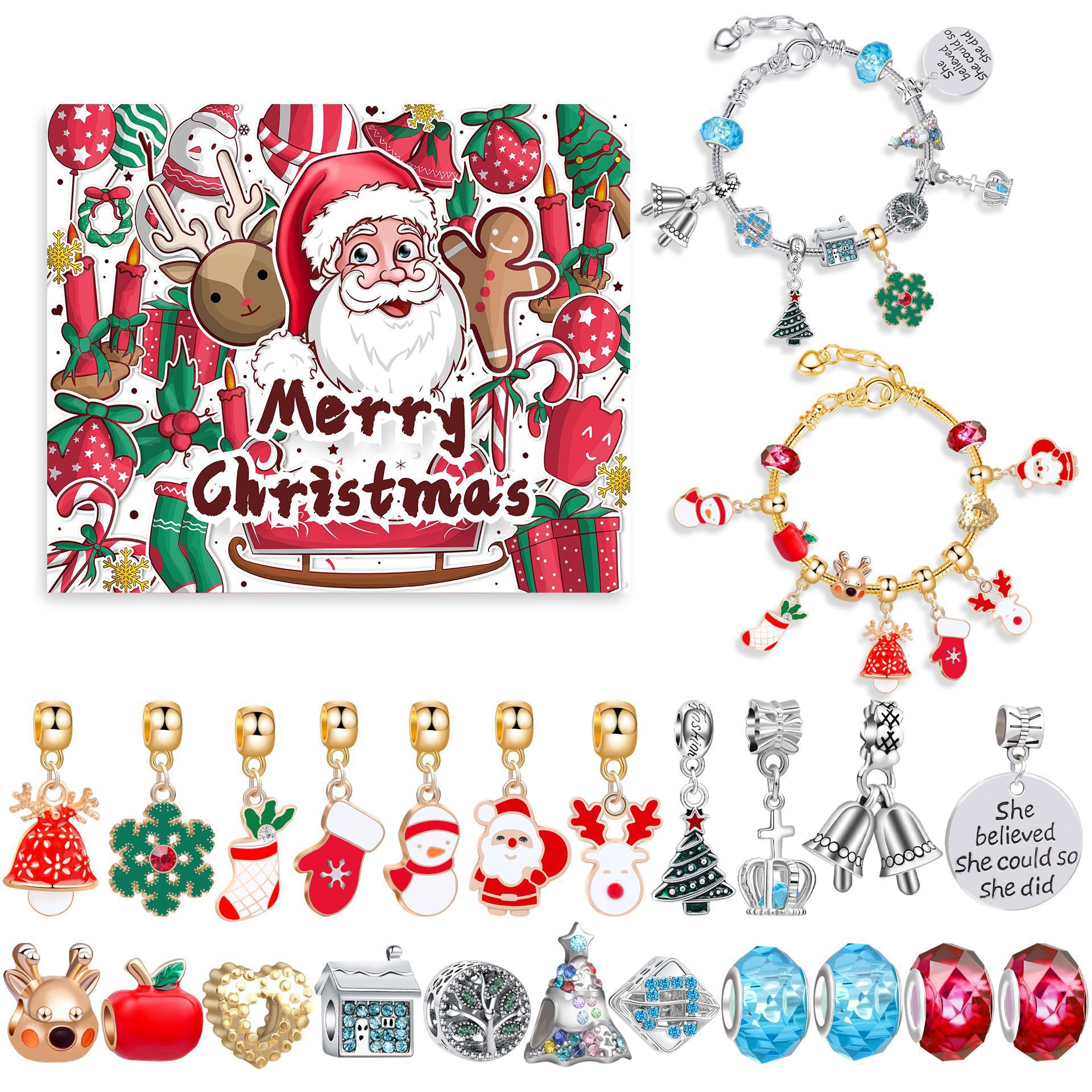 Jultema DIY-berlockarmband med halsbandstillverkningskit för flickor Julsmycken, presentförpackning med kreativt berlock-hänge och armband_voghion.com