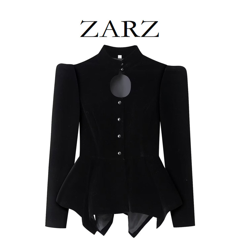Zarz Self-Made European and American Style New Women's Fashion Casual Puff Sleeve Velvet Jacket with Hollow Chest Design
