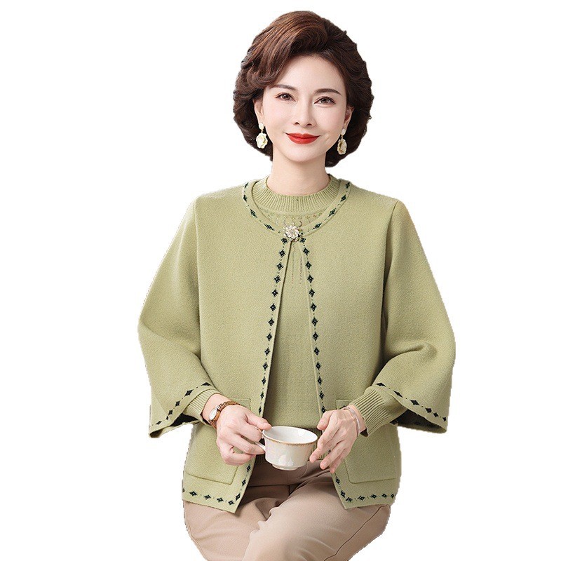妈妈秋装新款针织两件套装上衣中老年女秋冬加绒加厚外套毛衣开衫|undefined