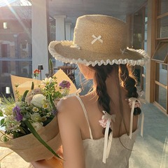 法式草帽蝴蝶結蕾絲邊遮陽防曬沙灘帽夏海邊旅遊大帽檐太陽帽子女