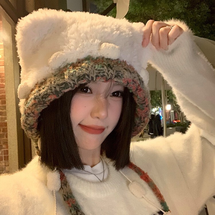 韩系可爱小熊耳朵毛绒针织帽子女秋冬季保暖加绒毛茸茸护耳雷锋帽|undefined