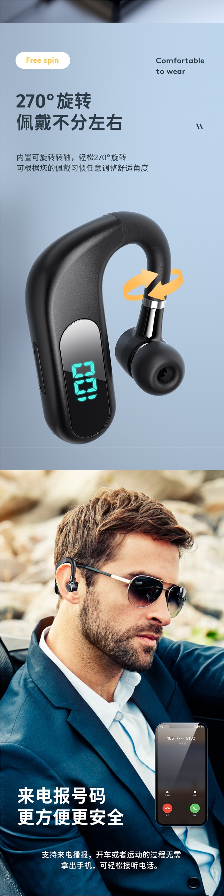 Bluetooth Headset with Super Long Standby Life 2025 New Wireless Single-Ear Ear-Hook Driver High-Definition Call