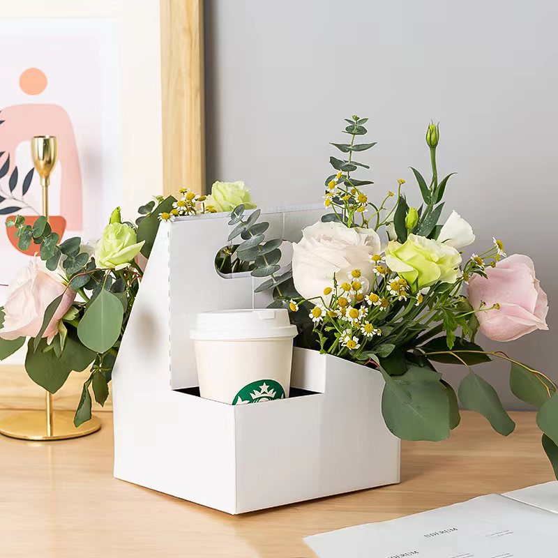 咖啡饮料奶茶鲜花手提盒瓦楞四格手提外卖打包盒便利外带现货批发