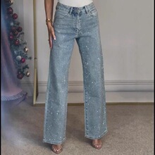 R 29356 Rhinestone Wash Jeans High Waist Straight Leg Pants