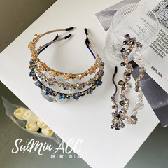 Korean version of the new trendy wave wrapped crystal fine hair hoop full of diamonds Baroque headband bridal headdress pearl hair bundle