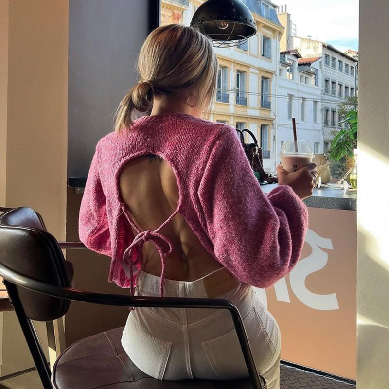 Suéter de punto con cordones en la espalda, estilo europeo y americano, para otoño e invierno, cuello redondo, manga larga, sexy, corto y versátil, top para chicas modernas
