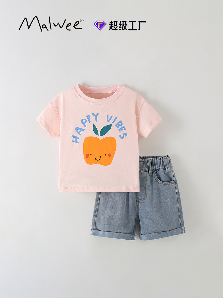Traje de niña malwee transfronterizo verano nuevo estilo europeo y americano niños pequeños y medianos cuello redondo manga corta cintura elástica jeans casuales