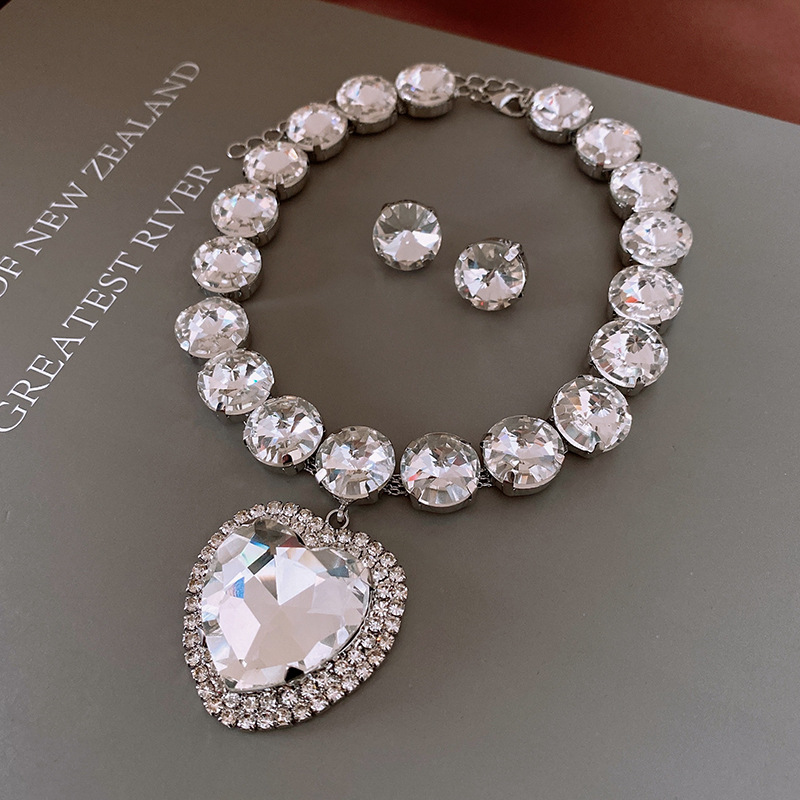 Diamond Alloy Love Pendant Necklace and Earrings Set