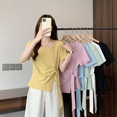 不規則なスリット右肩半袖レディースTシャツ夏大きいサイズ太mmお腹カバー痩身ストラップウエストシックトップ