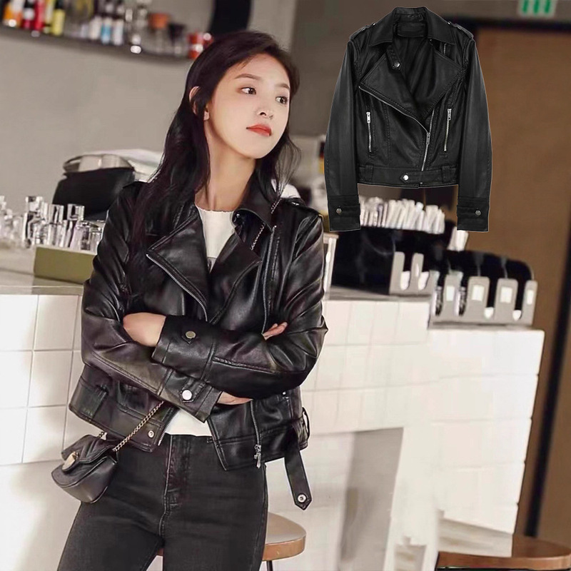 In-Stock Zhang Ruonan Same Style 2025 New Petite Women's Leather Jacket Short Motorcycle Spring Autumn Winter Pu Leather Jacket