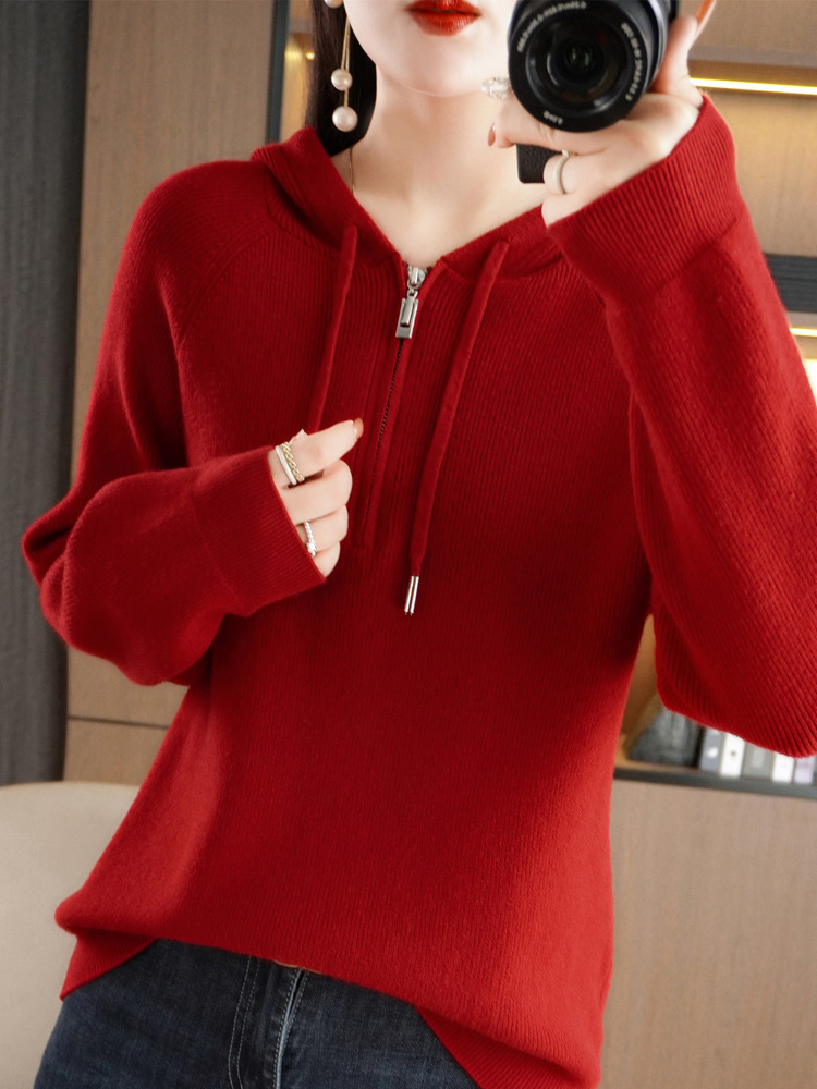 Solid color colored knitted sweater with hood with zipper for…