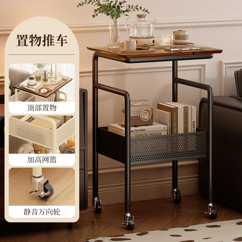 可移动小推车中古风沙发边几桌子客厅带轮茶几卧室床边零食置物架|undefined