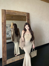 2025新款辣妹风套装蕾丝拼接长袖开衫女秋季内搭吊带连衣裙两件套