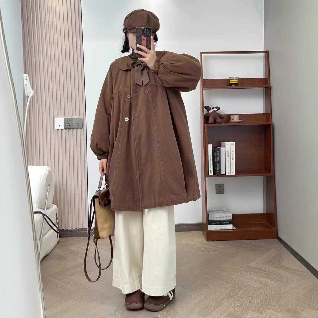 (2개) 고급 다크 브라운 코트 두꺼운 한국식 귀여운 코트